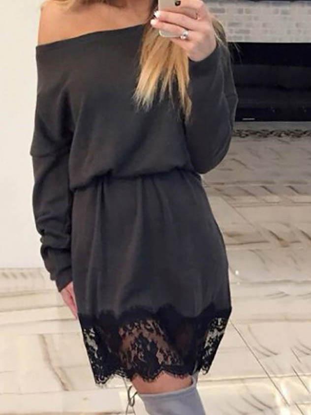 Shein Grey Boat Neck Lace Hem Loose Dress