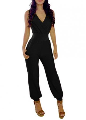 Rosewe Sleeveless V Neck Black Ankle Length Jumpsuit