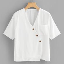 Shein Chest Pocket Wrap Blouse