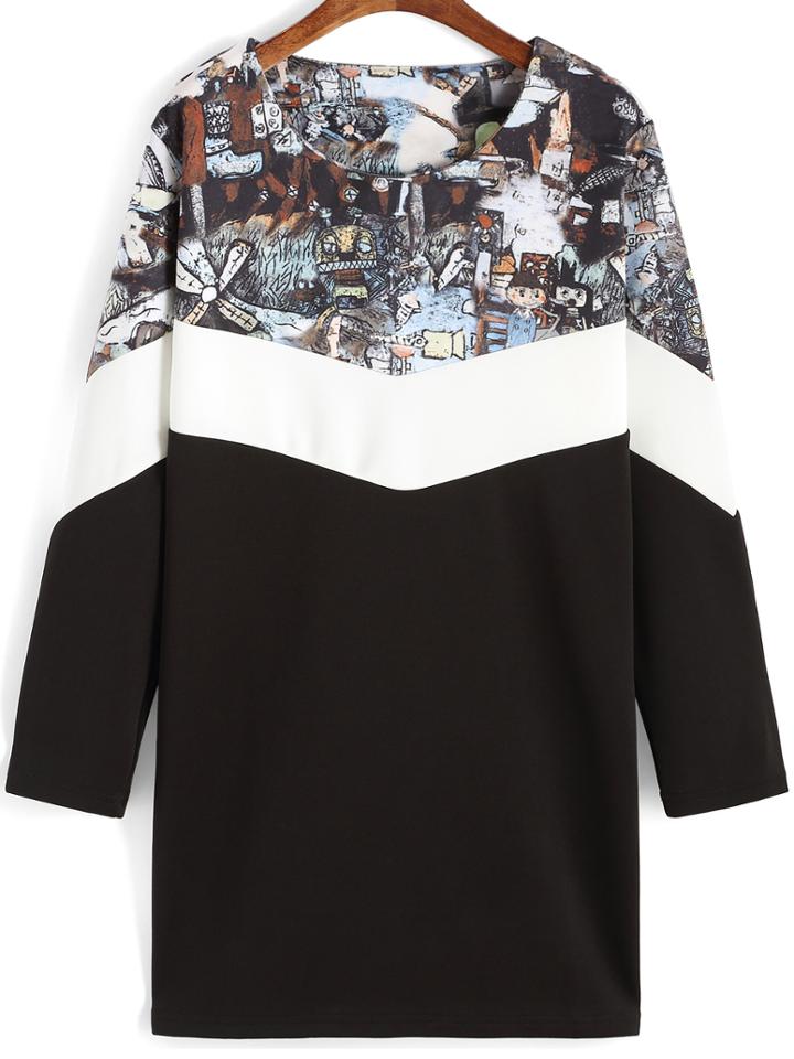 Shein Black White Round Neck Cartoon Print Dress