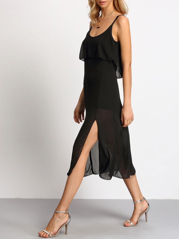 Shein Black Spaghetti Strap Split Chiffon Dress
