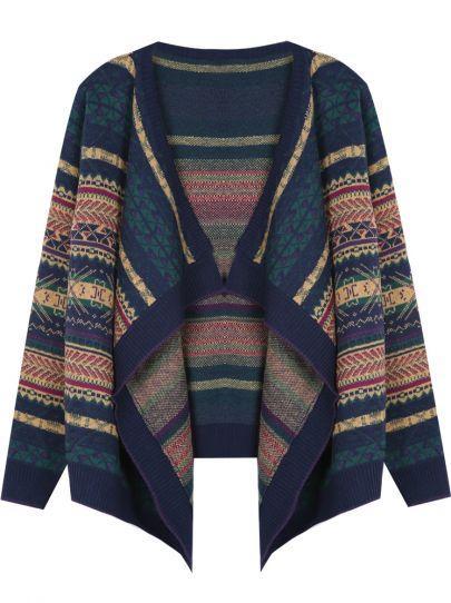 Shein Navy Tribal Striped Pattern Draped Front Cardigan