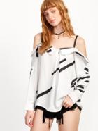 Shein White Contrast Panels Print Cold Shoulder Blouse