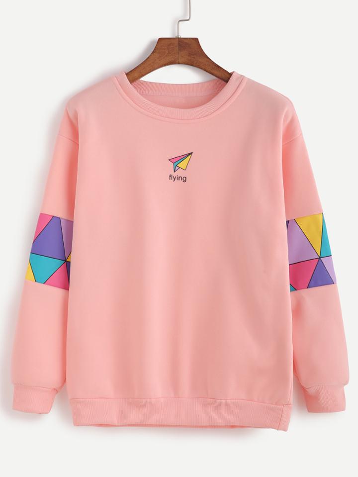Shein Pink Patchwork Print Sweatshirt