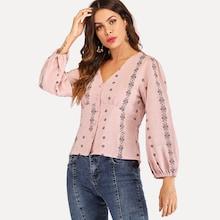 Shein Geo Embroidered Lantern Sleeve Blouse