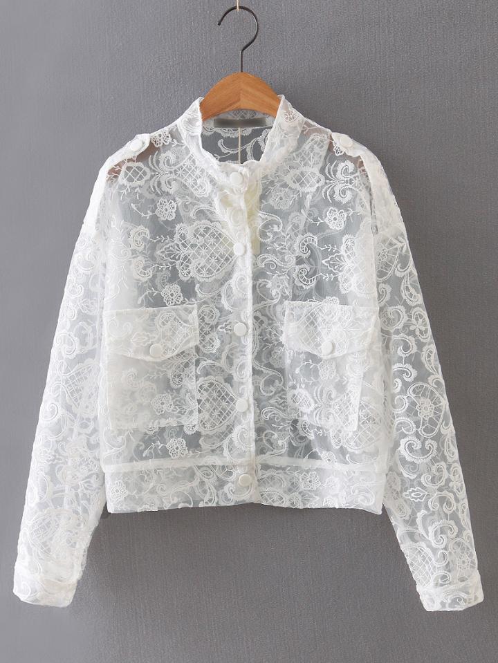Shein White Embroidery Button Front Sheer Jacket