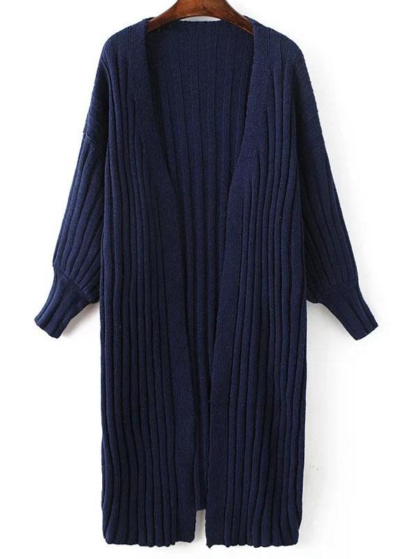 Shein Navy Ribbed Collarless Drop Shoulder Long Sweater Coat