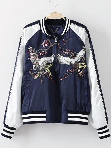 Shein Navy Crew Neck Crane Embroidery Jacket