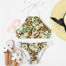 Shein Open Back Flower And Leopard Print Bikini Set