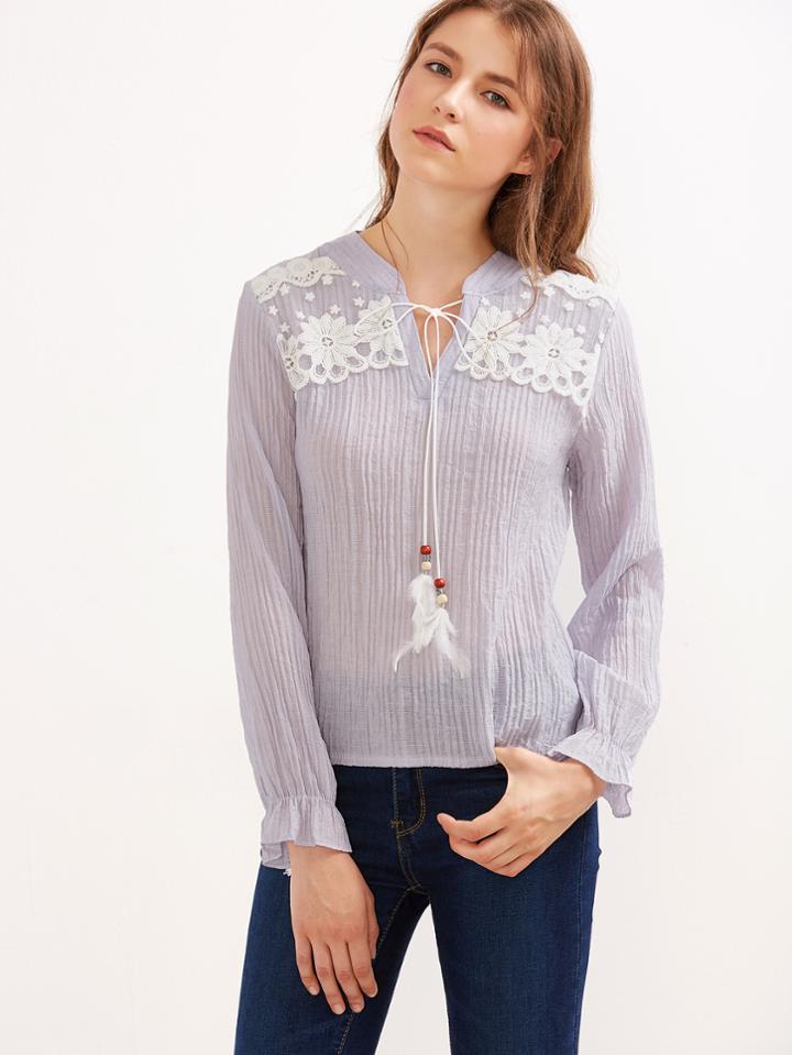 Shein Grey Tie Neck Contrast Crochet Split Back Blouse