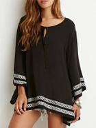Shein Black Long Sleeve Tribal Embroidered Blouse
