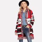 Shein Mixed Print Fringe Trim Cardigan