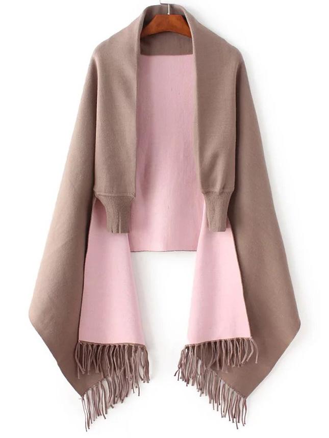 Shein Khaki Dolman Sleeve Fringe Hem Poncho Sweater