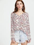 Shein Floral Print V Neckline Fringe Trim Blouse