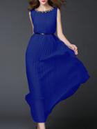 Shein Blue Beading Belted Pleated Maxi Dress