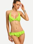 Shein Fluorescent Green Ruffled Halter Neck Bikini Set