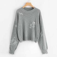 Shein Mixed Embroidery Raw Hem Sweater