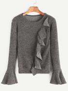 Shein Dark Grey Bell Sleeve Ruffle Trim Ribbed T-shirt