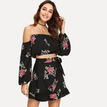 Shein Off-shoulder Floral Print Top With Skirt