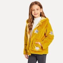 Shein Girls Sequin Star Patched Faux Fur Hooded Teddy Jacket