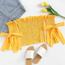 Shein Off Shoulder Self Tie Flounce Sleeve Crop Top