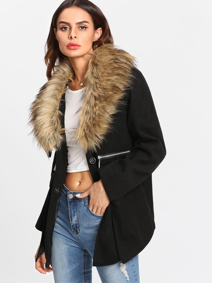 Shein Faux Fur Trim Zip Detail Coat