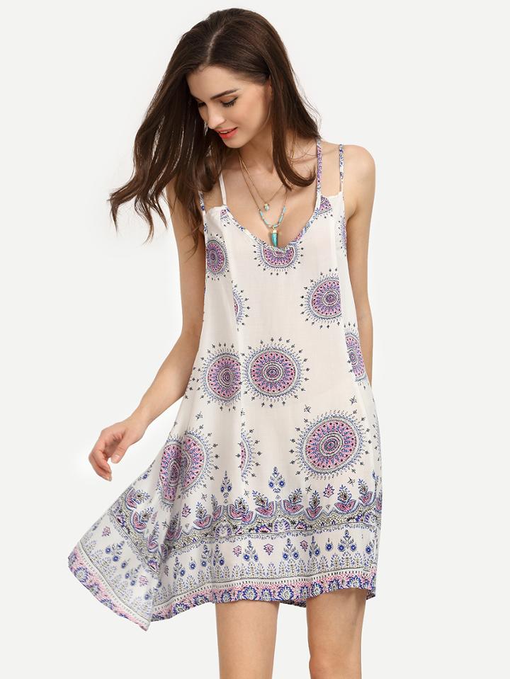 Shein White Vintage Pattern Print Strappy Swing Cami Dress