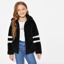 Shein Girls Striped Sleeve Teddy Hooded Jacket