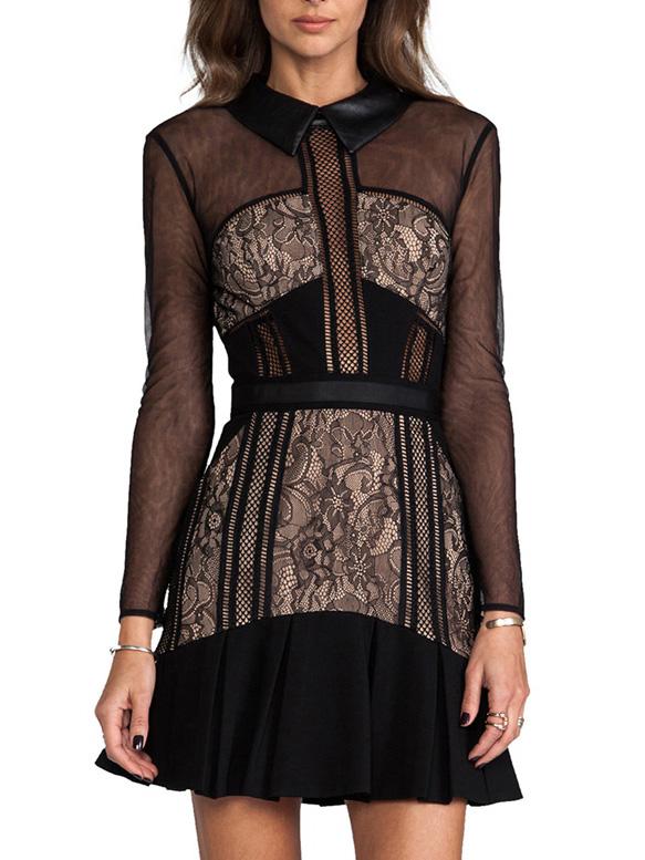 Shein Black Doll Collar Long Sleeve Hollow Mesh Insert Dress