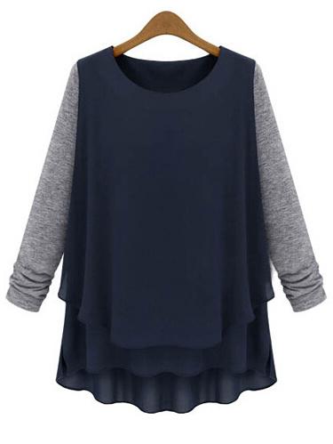 Shein Navy Round Neck Contrast Sleeve Plus T-shirt