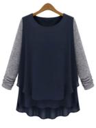 Shein Navy Round Neck Contrast Sleeve Plus T-shirt