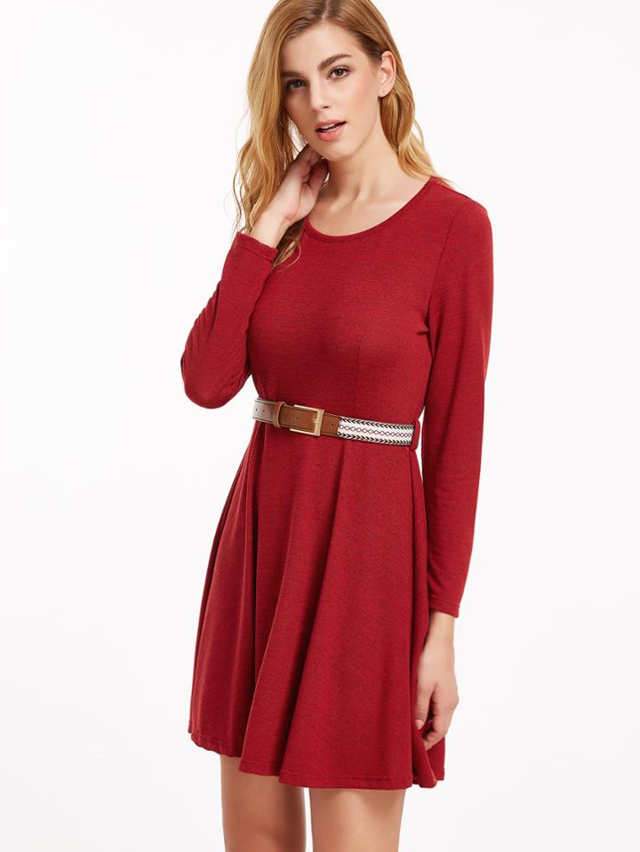 Shein Burgundy Long Sleeve Dress With Belt