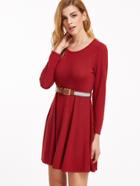 Shein Burgundy Long Sleeve Dress With Belt