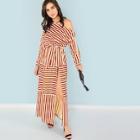 Shein Asymmetric Shoulder Striped Split Dress With Belt