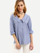 Shein Pointed Collar Vertical Striped Blouse - Blue