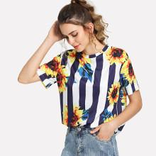 Shein Sunflower & Stripe Print Tee