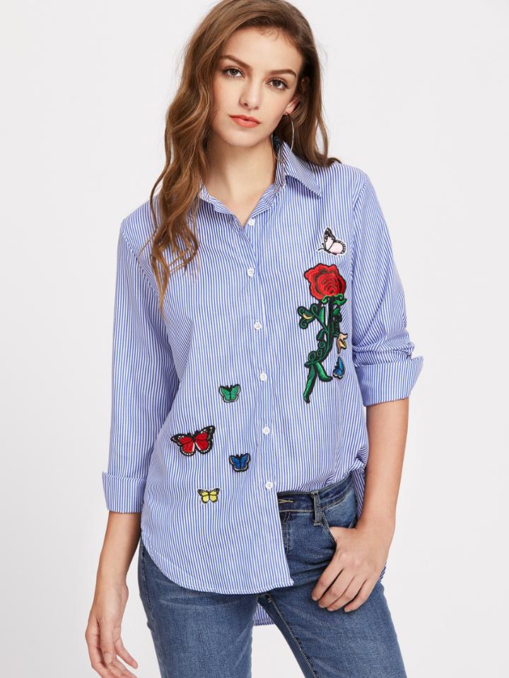 Shein Vertical Striped Dolphin Hem Embroidery Blouse