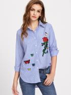 Shein Vertical Striped Dolphin Hem Embroidery Blouse