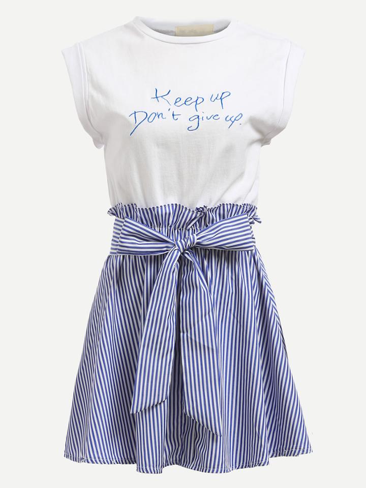 Shein Contrast Self Tie Vertical Striped 2 In 1 Dress