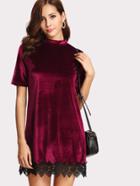 Shein Floral Lace Applique Hem Velvet Dress