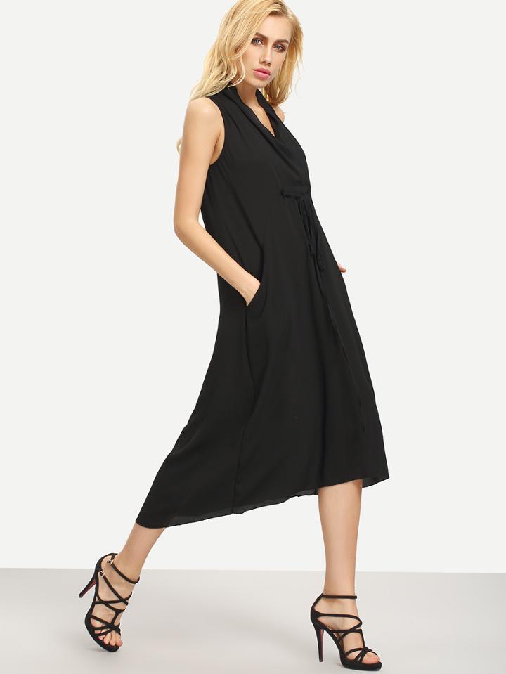 Shein Tied Surplice Front Loose-fit Dress - Black