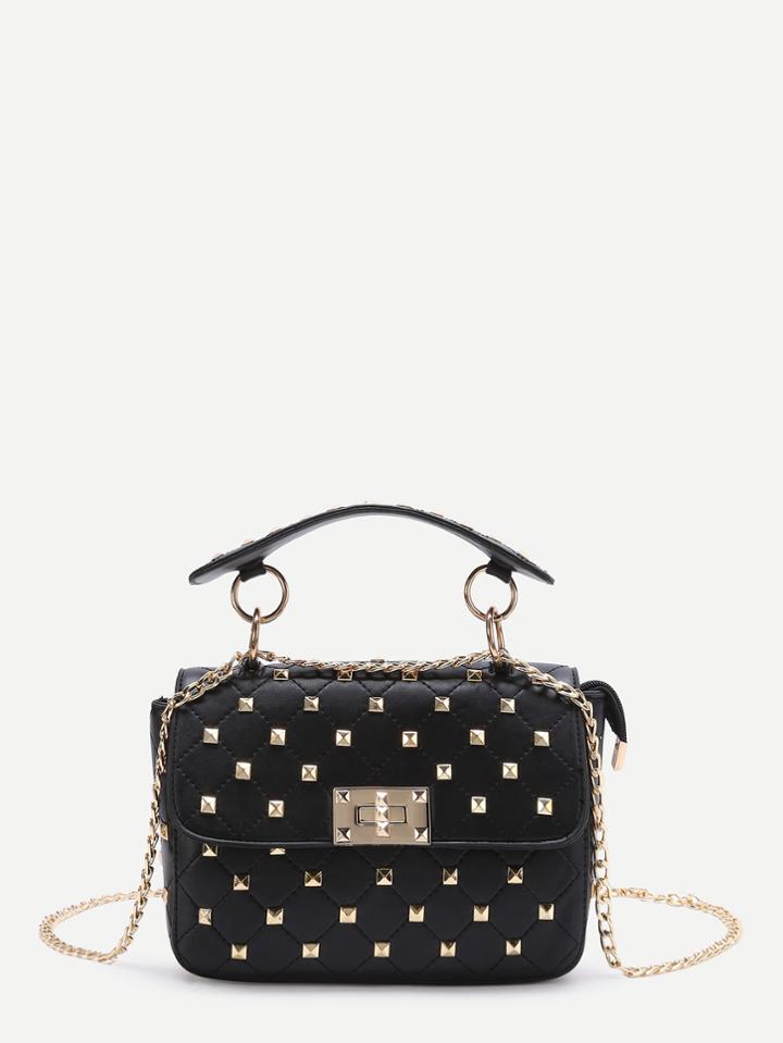 Shein Black Studded Pu Chain Bag With Handle