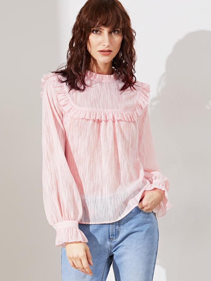 Shein Pink Buttoned Keyhole Back Ruffle Blouse