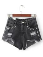 Shein Black Ripped Asymmetric Hem Rivet Denim Shorts