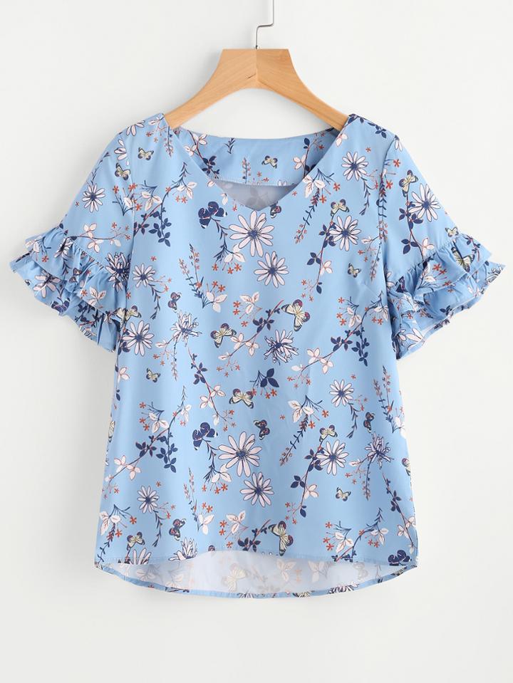 Shein Layered Ruffle Sleeve Stepped Hem Botanical Top
