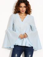 Shein Light Blue Big Bell Sleeve V Neck Blouse