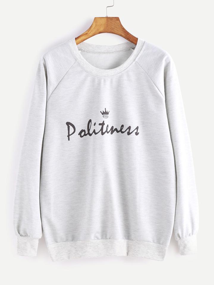 Shein Pale Grey Letter Print Raglan Sleeve Sweatshirt