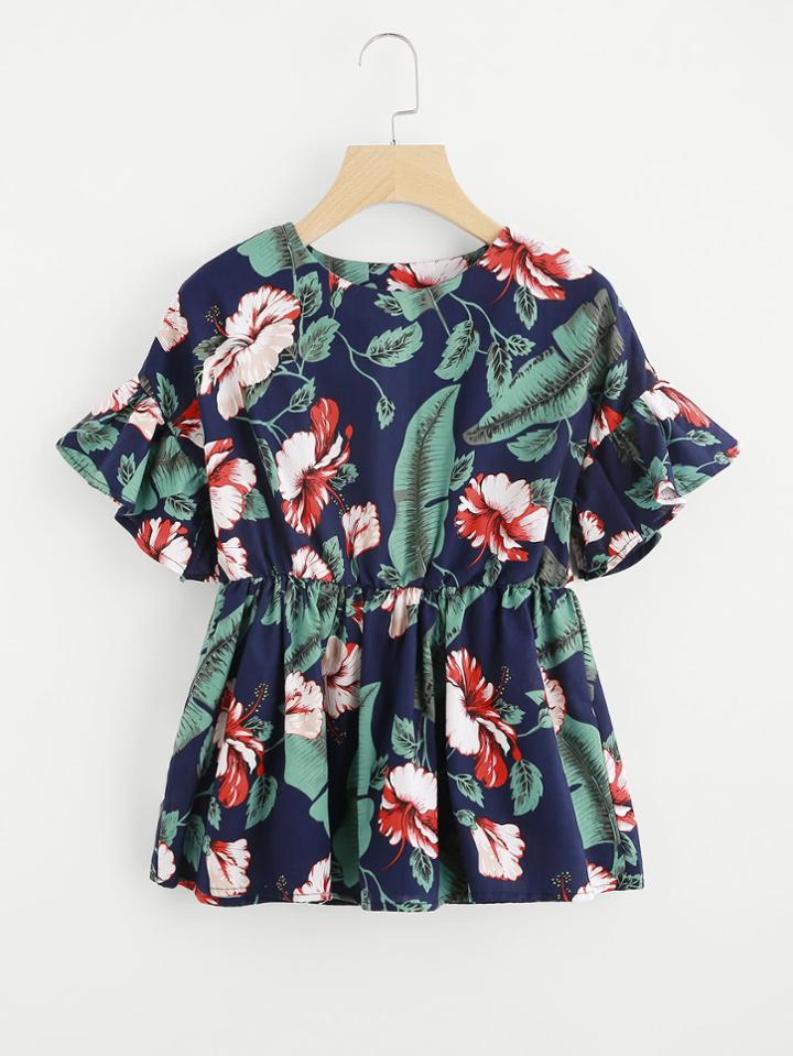 Shein Floral Print Frill Cuff Elasticized Top