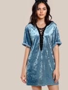 Shein Grommet Lace Up Plunge Neck Crushed Velvet Dress