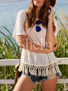 Shein Beige V Neck Short Sleeve Tassel Hem Blouse